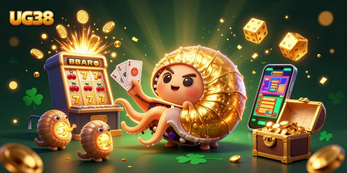 Engage with the vibrant universe of UG38 casino gaming through this dynamic illustration of card games and jackpots.