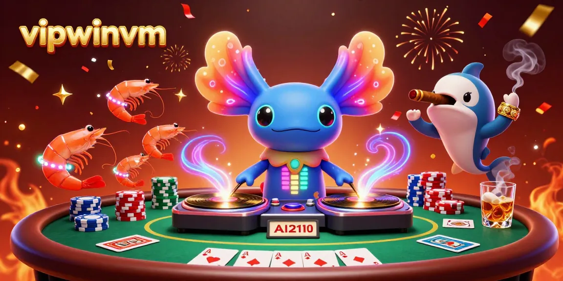 Exciting vipwinvm gaming scene showcasing a neon axolotl DJ and vibrant characters at a lively poker table.