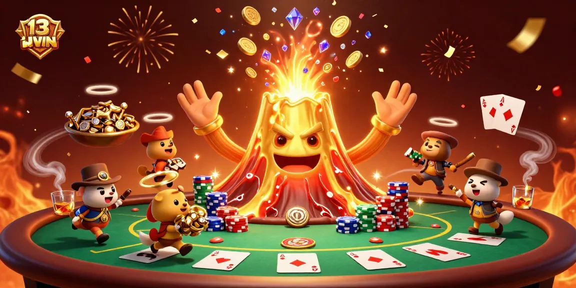 Engage with thrilling action at 13WIN, witnessing a golden volcano erupting treasures and poker excitement.