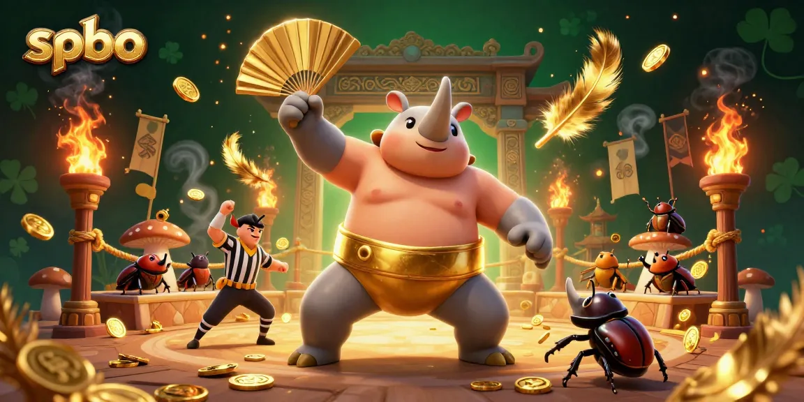 Experience thrilling bets with spbo as a rhinoceros beetle sumo champion stirs excitement in a vibrant casino.