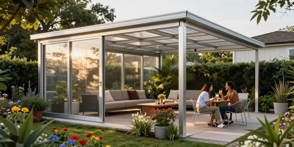 Freistehende Terrassenüberdachung im Garten mit Paar, das Drinks genießt.