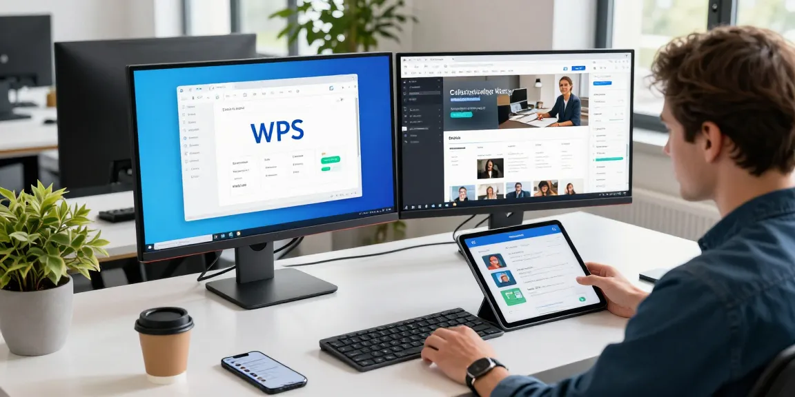Professional workspace showcasing wps下载 interface on dual monitors, enhancing productivity.