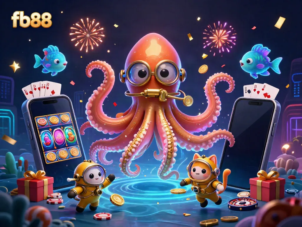 Engage with fb88’s lively gaming scene featuring a kraken, diving cat, and rich casino elements.