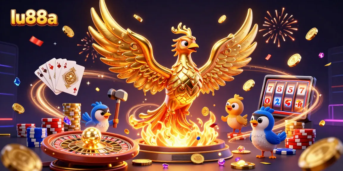 Bet big at lu88a with a vibrant 3D casino scene featuring a golden phoenix and exciting game elements.