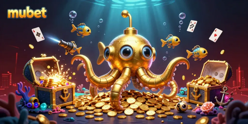 Experience the thrill of mubet with an adventurous 3D scene showcasing a kraken submarine amidst gold coins and casino elements.