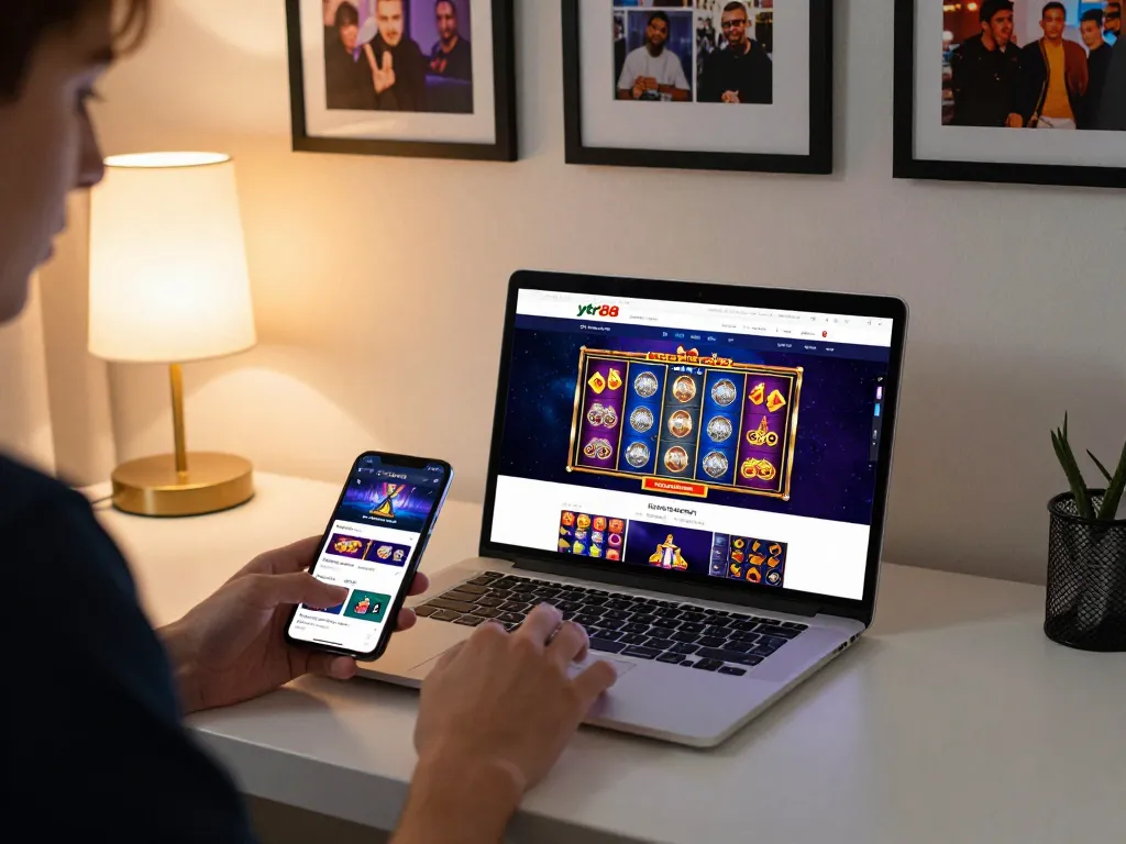 Person engaging with online ytr88 casino slots on a laptop at home, showcasing responsible gambling environment.