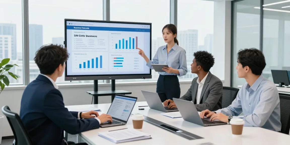 Compare business SIM only deals UK during a team meeting in a modern office.