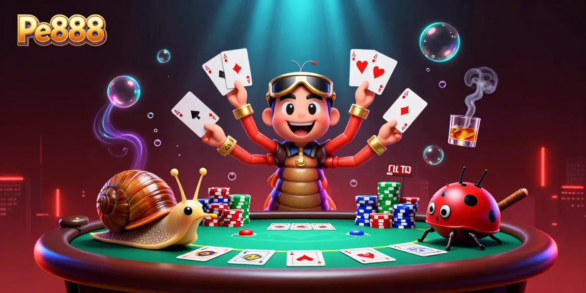 Experience Pe888 with a lively casino scene featuring card-playing characters and vibrant elements.