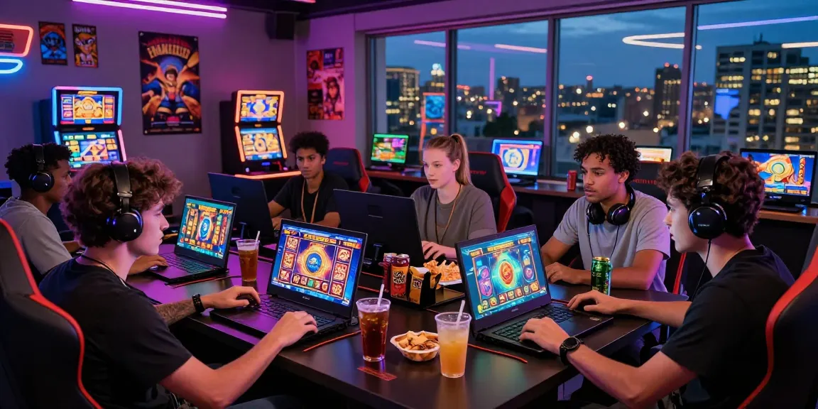 Exciting gaming scene with players engaged in slot games and vibrant visuals.