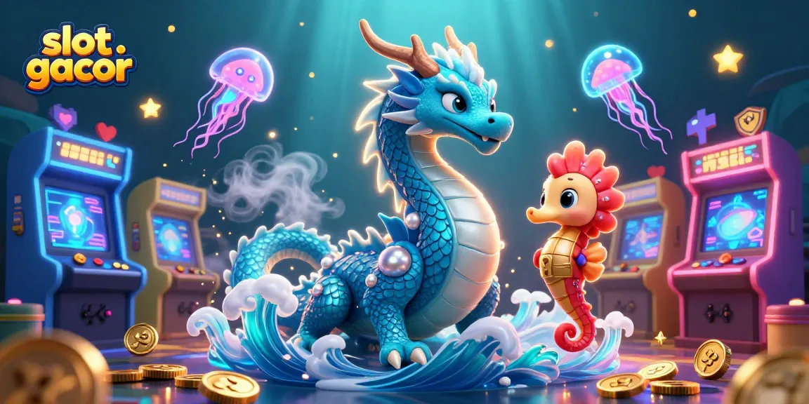 Experience the thrill at slot gacor with an azure dragon and seahorse knight amidst vibrant colorful gaming elements.