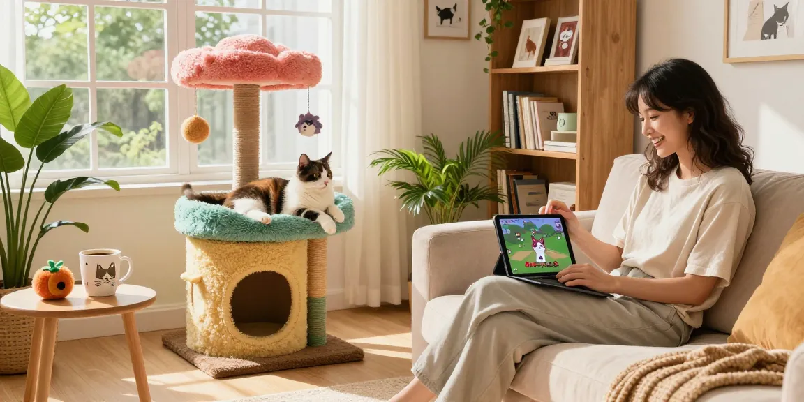 Cleocatra no Brasil: Fun cats playing in bright, cozy living room.