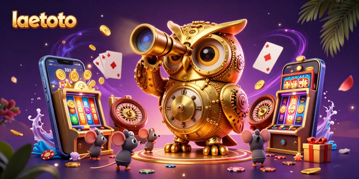 Engage in thrilling slot action with laetoto's vibrant casino scene showcasing golden owls and lively patrons.