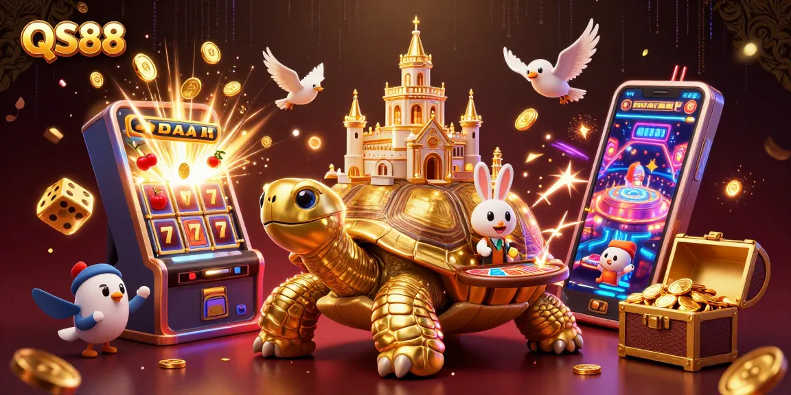 Experience the excitement of QS88 with a dynamic 3D casino scene bursting with vibrant game elements.
