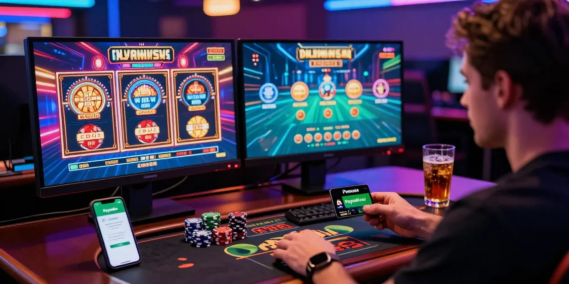 Person spielt in einem Paysafe Card Casino mit eleganten Monitoren und lebendiger Gaming-Ausstattung.