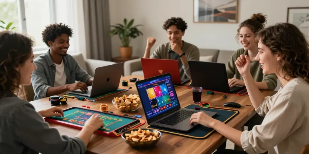 Group of players enjoying online credit card casinos from home, featuring lively atmosphere and interactive gaming.