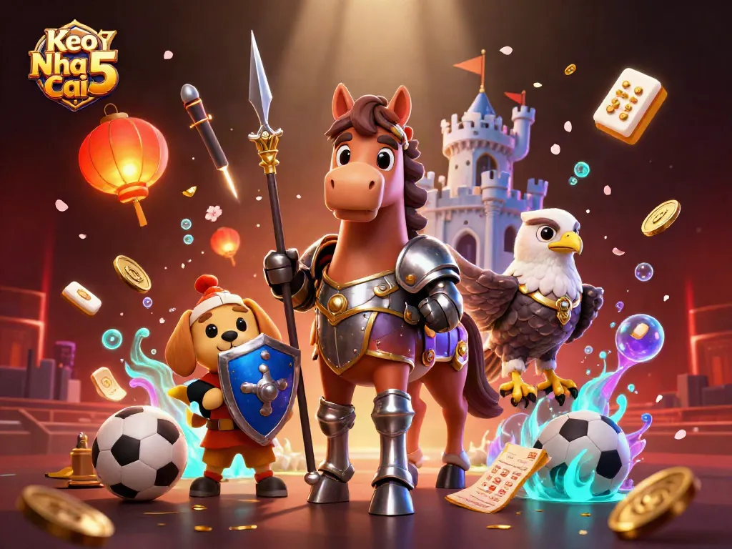 Engage with the action of Keo Nha Cai 5 as a knight, puppy squire, and falcon gather in a vibrant betting scene.