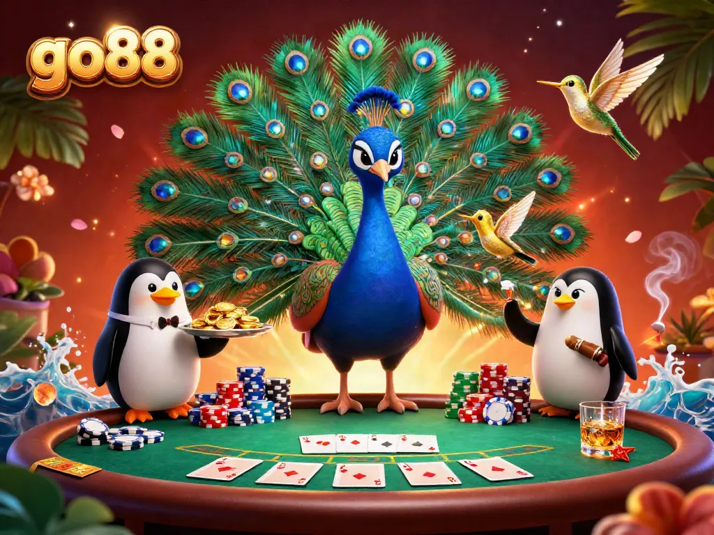 Engage in vibrant gameplay at go88, featuring an aristocratic peacock, poker elements, and casino ambiance.