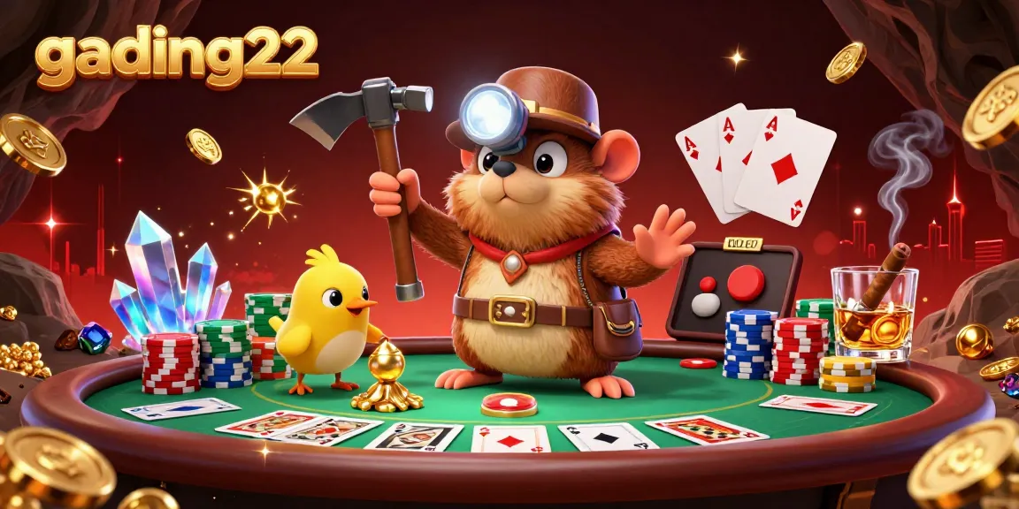 Engage with gading22's thrilling poker scene featuring a treasure hunter mole and vibrant casino elements.