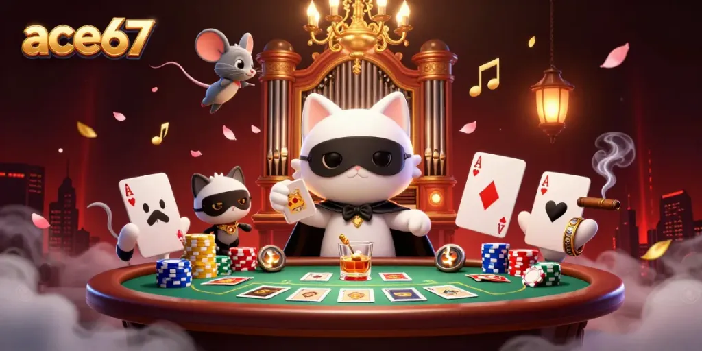 Engage in thrilling poker action with ace67, illustrated by a dynamic casino scene featuring iconic characters.