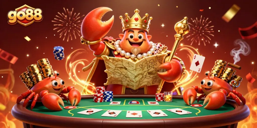 Engaging go88 gaming illustration with a golden crab emperor at a dynamic poker scene.