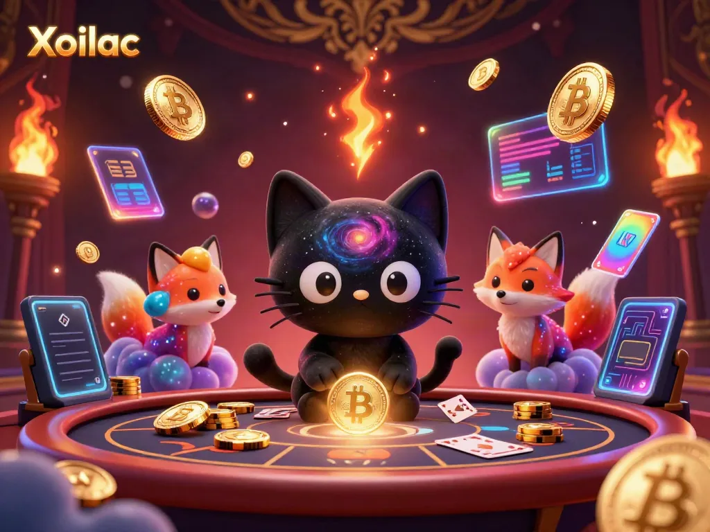 Xoilac captures the thrill of cosmic gambling with a black hole cat at a casino table.