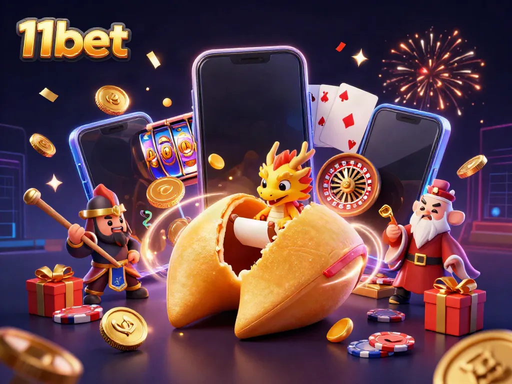 Experience thrilling gaming with 11bet's golden fortune cookie scene, celebrating with gold coins and slot games.