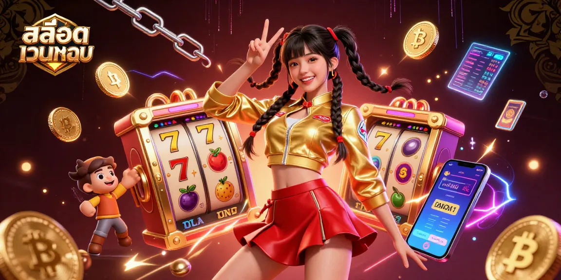 Engage in thrilling สล็อตเว็บตรง gameplay with vibrant slot reels and a lively character experiencing a fun atmosphere.