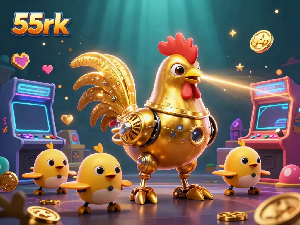 Immerse in gameplay with 55rk, featuring a golden rooster robot and vibrant arcade elements.