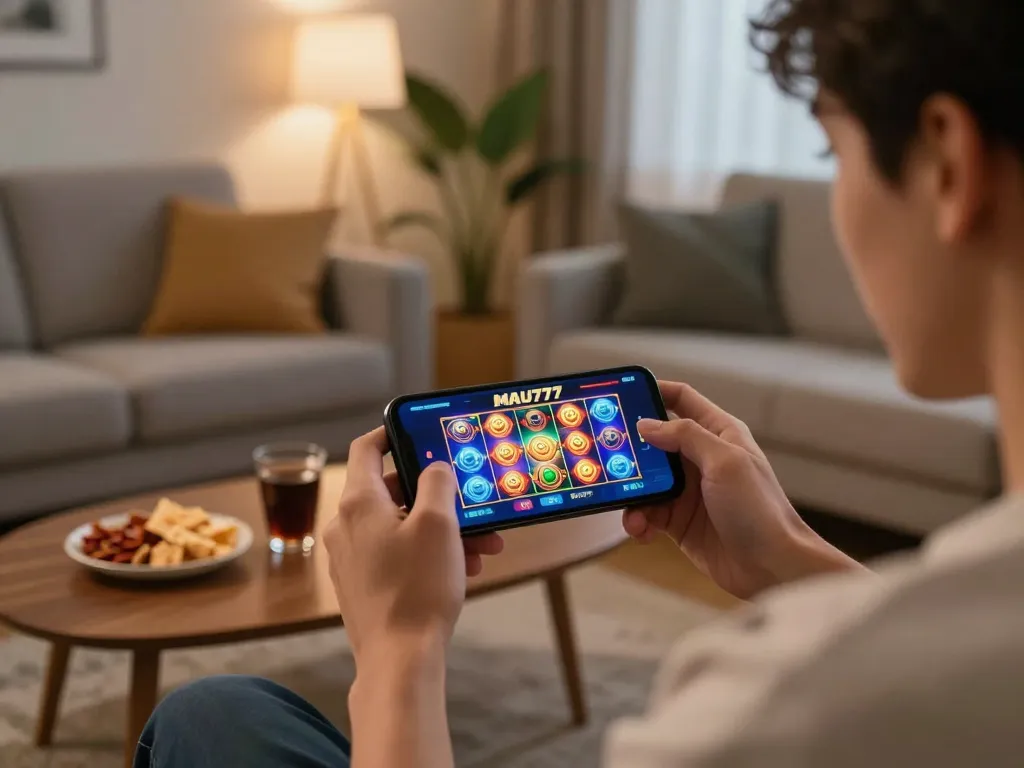 Engaging in MAU777 daftar on a smartphone while enjoying home gaming.