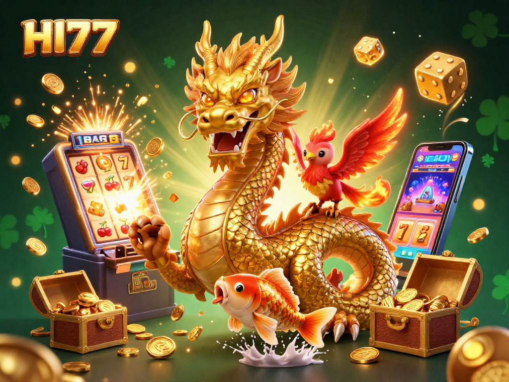 Play exciting games at HI77 with a fierce dragon, phoenix, and koi fish amidst casino elements.
