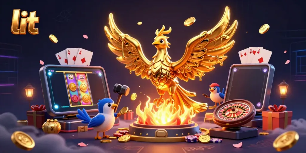 Witness the lit phoenix soaring through a vibrant casino scene filled with gold coins and games.