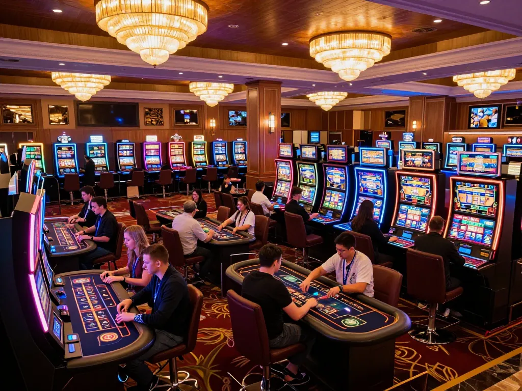Players enjoying slot games at MM88 casino, illuminated machines creating an exciting atmosphere.