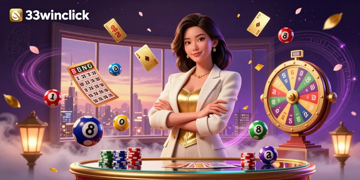 Engage with thrilling games at 33winclick's vibrant casino scene featuring a glamorous card player and dynamic lottery elements.