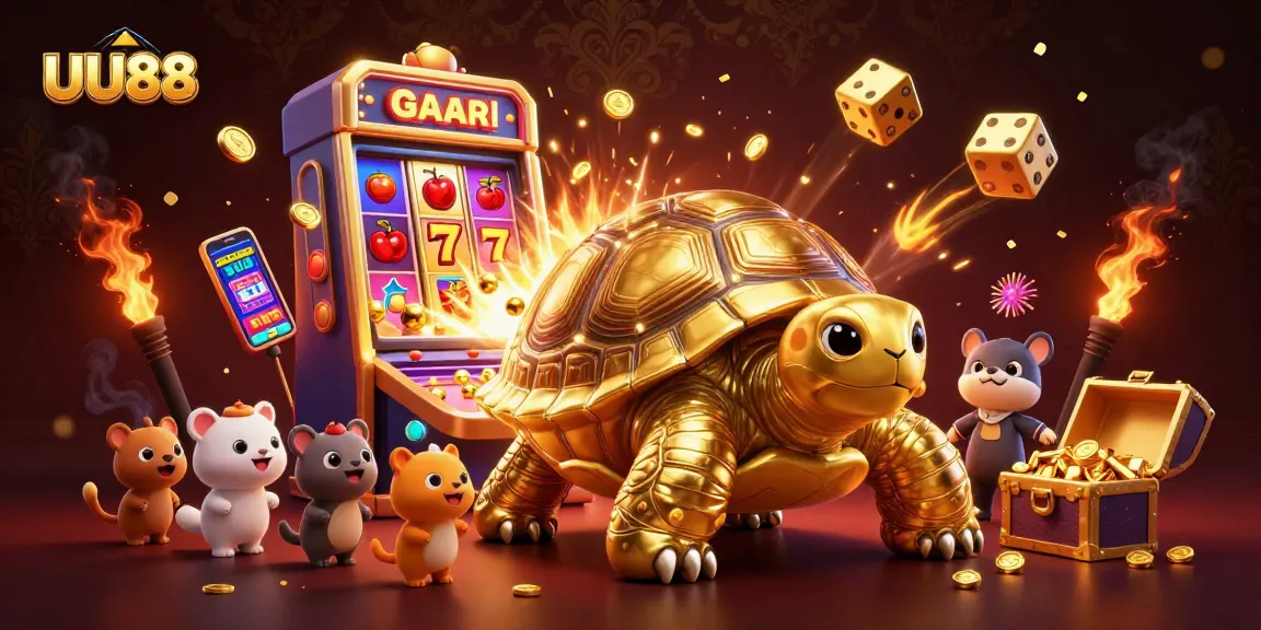 Engage with UU88's vibrant casino scene featuring a colossal golden tortoise and bursting slot machines.