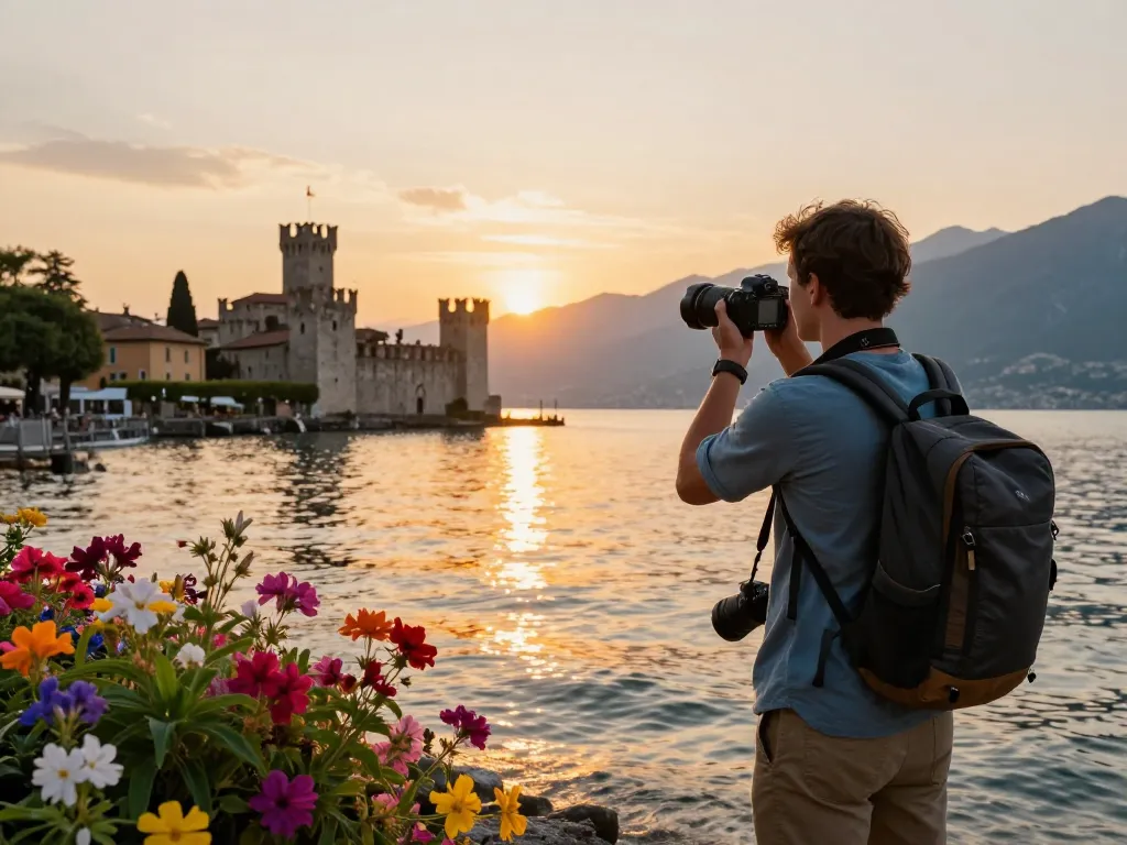 Entdecken Sie Gardasee Reisetipps, indem Sie die atemberaubende Landschaft und den Charme des Gardasees bei Sonnenuntergang erkunden.