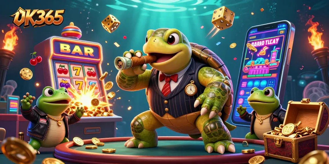 Experience thrilling gameplay at OK365 with a dynamic casino scene featuring cartoon characters and vibrant game elements.