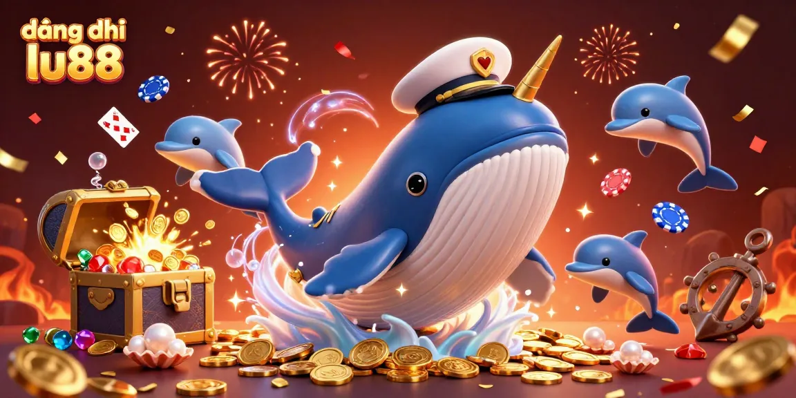 Engage with đăng ký lu88 as a vibrant whale breaches a sea of coins, alongside playful dolphins.