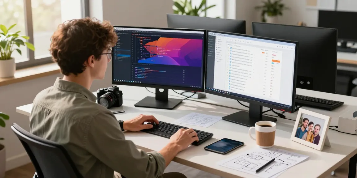 Developer building internal tools with AI in a modern workspace, showcasing coding, project management, and personal elements.
