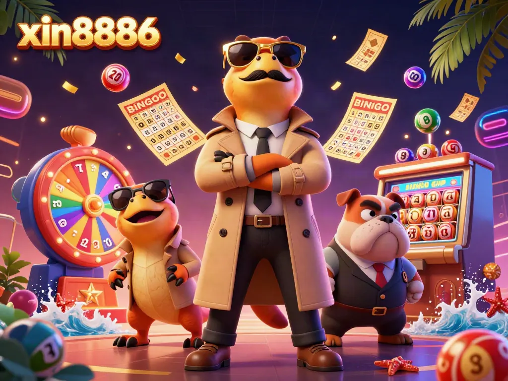 Experience the excitement of xin8886 with playful raptors in a trench coat at a vibrant casino lounge.