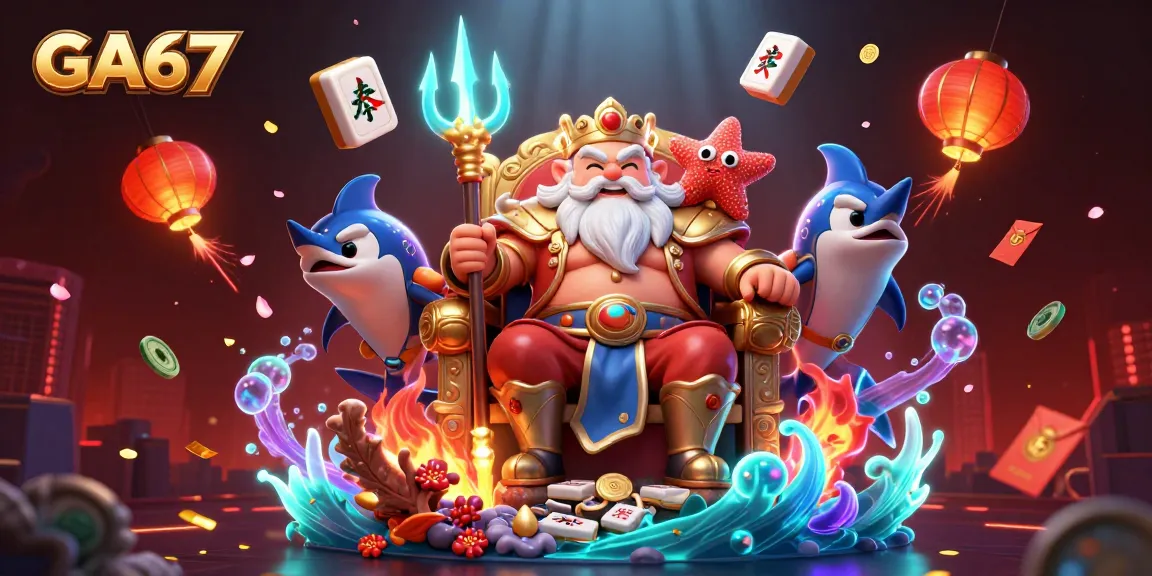 Engage in thrilling cockfighting action at GA67 with Neptune and samurai guardians, vibrant casino elements.
