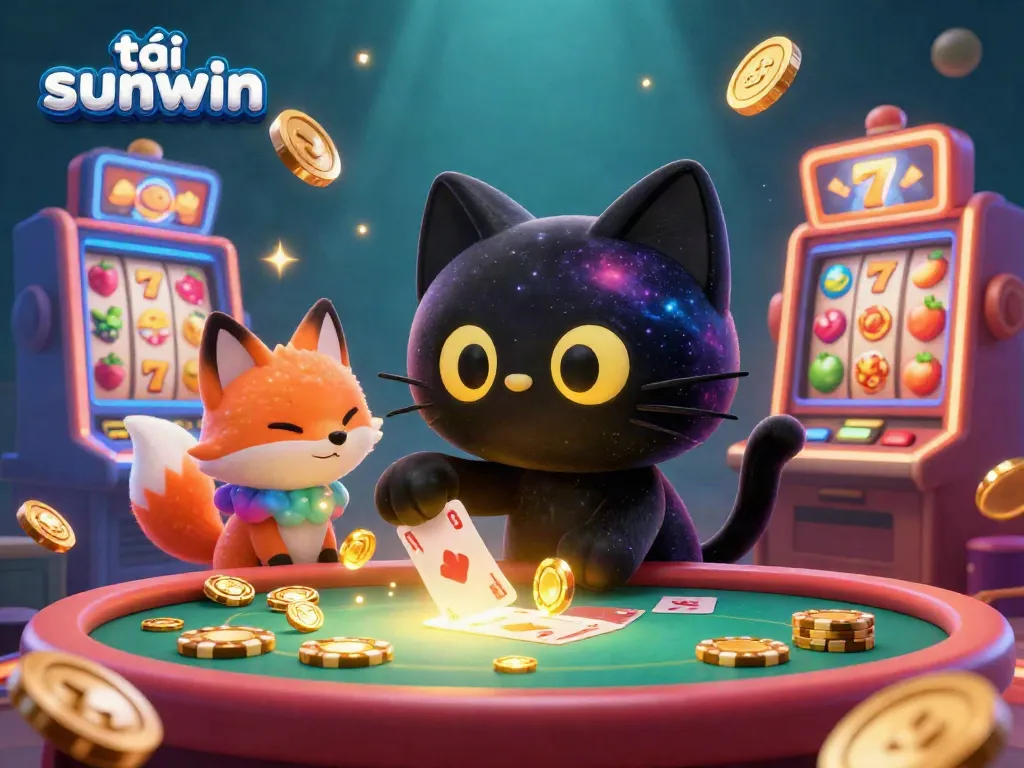 Experience the excitement of tải sunwin with a 3D illustration of a cosmic cat at a vibrant casino table.
