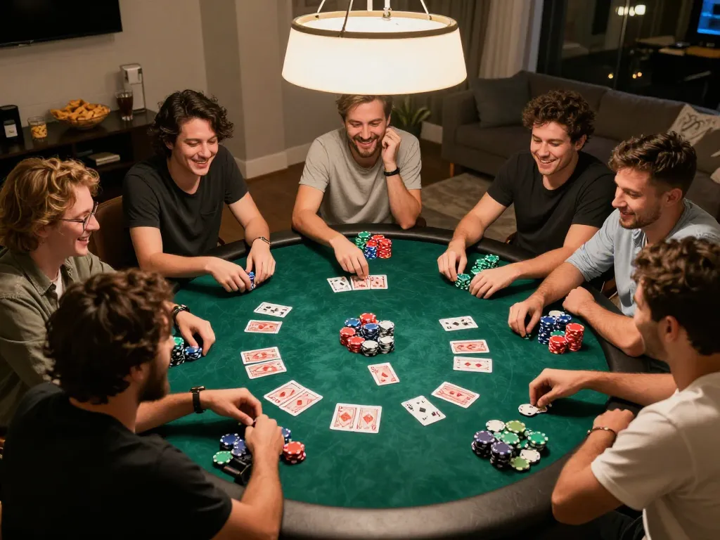 Engaging poker night scene featuring kdslot gameplay strategy with friends at home