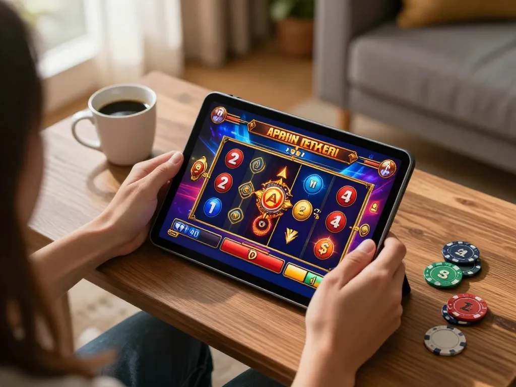 Nohu90 player enjoying a thrilling slot game on tablet in a cozy setting, emphasizing online gaming excitement.