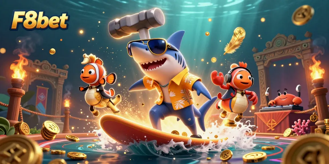Surf the wave of luck with F8bet's vibrant casino illustration featuring a shark, clownfish, and DJ crab.