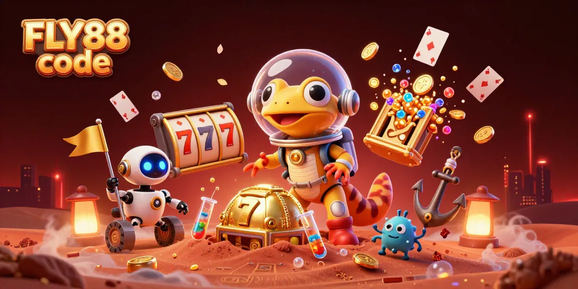 Win big with FLY88 code in a vibrant casino themed illustration featuring cartoon Martian characters and dynamic game elements.