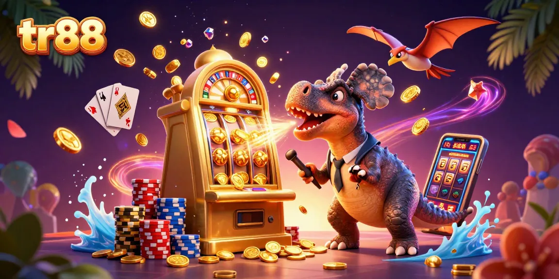 tr88 jackpot celebration with cartoon dinosaurs and vibrant casino elements