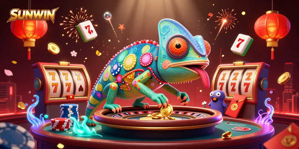 SUNWIN captures the excitement of spinning slots and winning with vibrant chameleon and colorful casino elements.