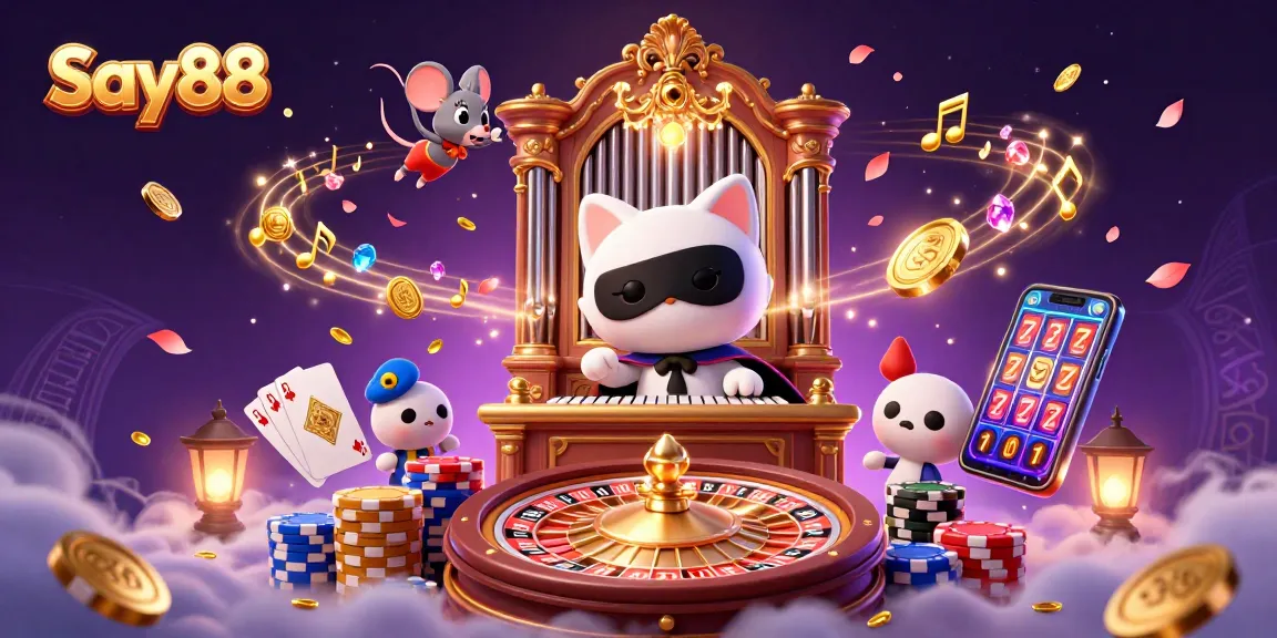 Experience thrilling gameplay at Say88 with a dynamic casino scene featuring vibrant 3D elements.