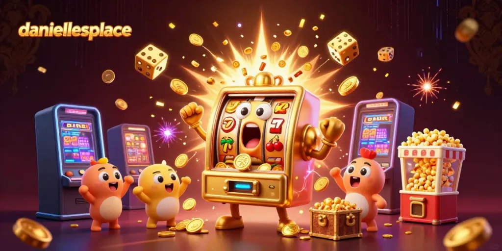 Daniellesplace slots jackpot celebration with golden coins and cheering machines, highlighting casino excitement.