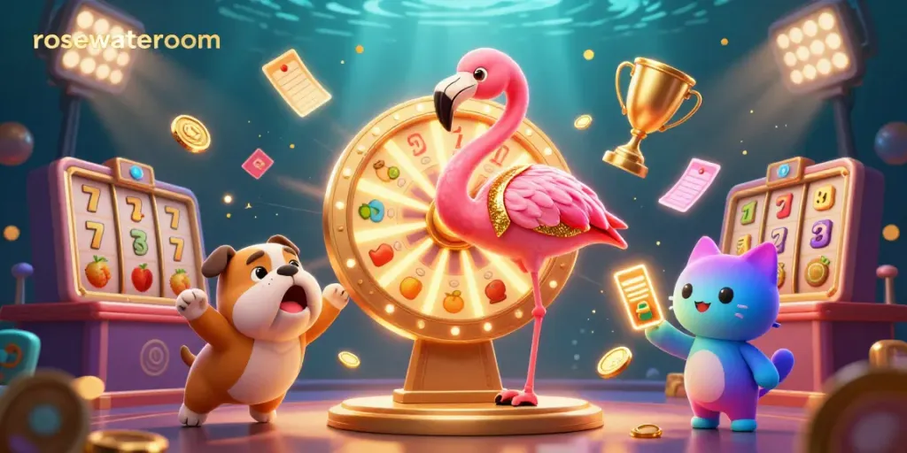 Experience excitement at rosewaterroom with a dynamic game show scene featuring a flamingo host and bulldog contestant.